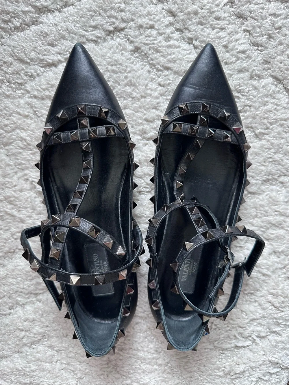 Valentino Rockstud Black Pointed Flat - Black Leather Studded Flats